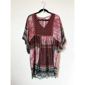 Dani Collection Patchwork Boho Tunic Blouse Small Cottagecore Floral Deep V Neck